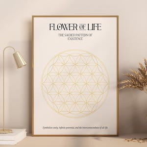 Könnte beinhalten: Ein gerahmter Druck mit dem Text „FLOWER OF LIFE“ und einem geometrischen Design. Der Druck wird auf einem Regal mit einer Lampe, Büchern und dekorativen Vasen ausgestellt. Das Kunstwerk symbolisiert Einheit und unendliches Potenzial.