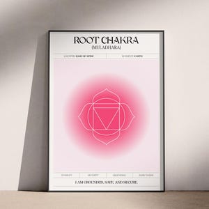 May include: A framed poster featuring the Root Chakra (Muladhara) symbol. The design includes a pink gradient background with a geometric lotus-like shape in the center. Text at the top reads "Root Chakra" and "I am grounded, safe, and secure" at the bottom.