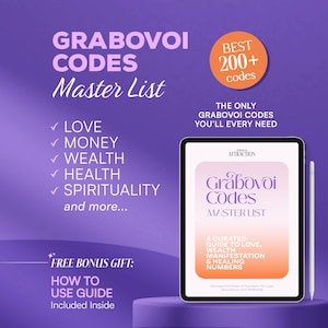 Può includere: Un tablet digitale che mostra una guida Grabovoi Codes Master List con una copertina sfumata arancione e bianca. Lo sfondo viola presenta testo che include Grabovoi Codes Master List, Best 200+ codes e Free Bonus Gift: How to Use Guide.