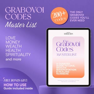 Op de afbeelding: Een digitale tablet toont "Grabovoi Codes Master List", een gids voor liefde, rijkdom, manifestatie en helende getallen. De afbeelding bevat tekst over codes, liefde, geld, gezondheid en spiritualiteit. De achtergrond is paars.