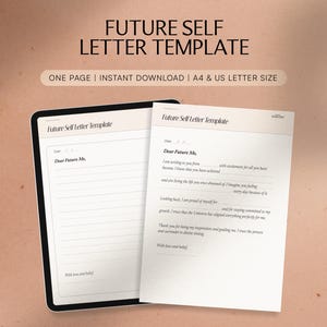 May include: A digital template for a "Future Self Letter" is displayed on a tablet and a printed sheet. The text "FUTURE SELF LETTER TEMPLATE" is at the top. The template is designed for instant download and is available in A4 and US Letter sizes.