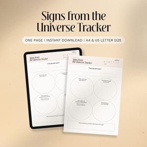 Puede incluir: Una tableta digital y una hoja de papel impresa que muestra el Signs from the Universe Tracker. El documento presenta el título, una sección de fecha y cuatro campos circulares con preguntas como What sign did I notice? y What action can I take based on this sign?