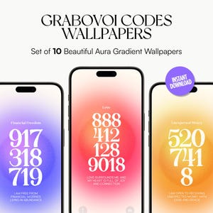 May include: Three smartphones displaying aura gradient wallpapers with Grabovoi Codes. The screens show codes for Financial Freedom, Love, and Unexpected Money. The text "Instant Download" is on a purple circle. The top text says "Grabovoi Codes Wallpapers".