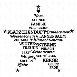 May include: Black and white illustration of a Christmas tree with words like "heart", "snow", "family", "joy", "gingerbread", "candle", "tree", "home", "Santa", "winter", "stars", "joy", "punch", "Christmas", "magic", "decorate", "laugh", "cookies", "love", "luck", and "happy" written on it.