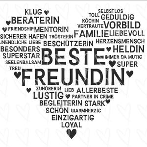 Op de afbeelding: Een zwarte en witte hartvormige woordwolk met de woorden "Beste Vriendin" in het midden. De woorden rond de middelste woorden omvatten "Klug", "Beraterin", "Friendship", "Mentorin", "Sichere", "Hafen", "Trosterin", "Familie", "Liebevoll", "Unendliche", "Liebe", "Beschutzerin", "Herzensmensch", "Besonders", "Superstar", "Seelenbalsam", "Treu", "Selbstlos", "Toll", "Geduldig", "Kochin", "Vertraute", "Vorbild", "Heldin", "Immer", "Da", "Mutig", "Super", "Zuhorerin", "Lieb", "Allerbeste", "Lustig", "Partner", "In", "Crime", "Begleiterin", "Stark", "Schon", "Warmherzig", "Einzigartig", "Loyal".