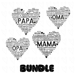 Könnte beinhalten: Ein Bundle von herzförmigen Designs mit deutschen Wörtern wie "Papa", "Mama" und "Oma". Jedes Herz ist mit verwandten Begriffen wie "Held", "Freund" und "Mentor" gefüllt. Das Wort "Bundle" steht unten.