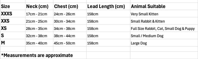 May include: A chart showing the size, neck, chest, lead length, and animal suitable for a dog leash. The sizes are XXXS, XXS, XS, S, and M. The measurements are in centimeters.