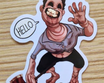 May include: A sticker featuring a cartoon illustration of a smiling figure waving with one hand and holding an axe. The figure is wearing a gray shirt and black pants. A speech bubble says "HELLO."