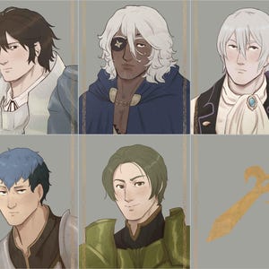 Könnte beinhalten: Digitale Illustration in sechs Feldern. Die obere Reihe zeigt drei männliche Figuren mit unterschiedlichen Frisuren und Kleidung. Die untere Reihe zeigt zwei weitere männliche Figuren und eine goldene Schwertillustration. Der Stil ist weich und malerisch.