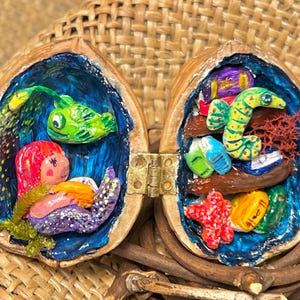 Underwater Mermaid Library in Walnut Shell | Miniature Diorama Art | Handmade Fantasy Collectible
