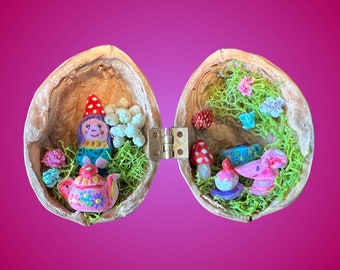 Unique Walnut Shell Miniature | Tea Party Diorama | Collectible Dollhouse Art