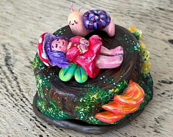 Handmade Polymer Clay Fairy Scene | Mushroom Pixie & Snail Figurines | Mossy Tree Ring Holder | Whimsical Miniature Decor and Gift