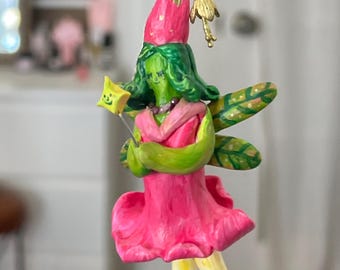 Whimsical Hanging Fairy Wall or Plant Decor | Handmade Clay Fairy Art Doll | Fantasy Home Decoration | Pink Flower Fae Gift