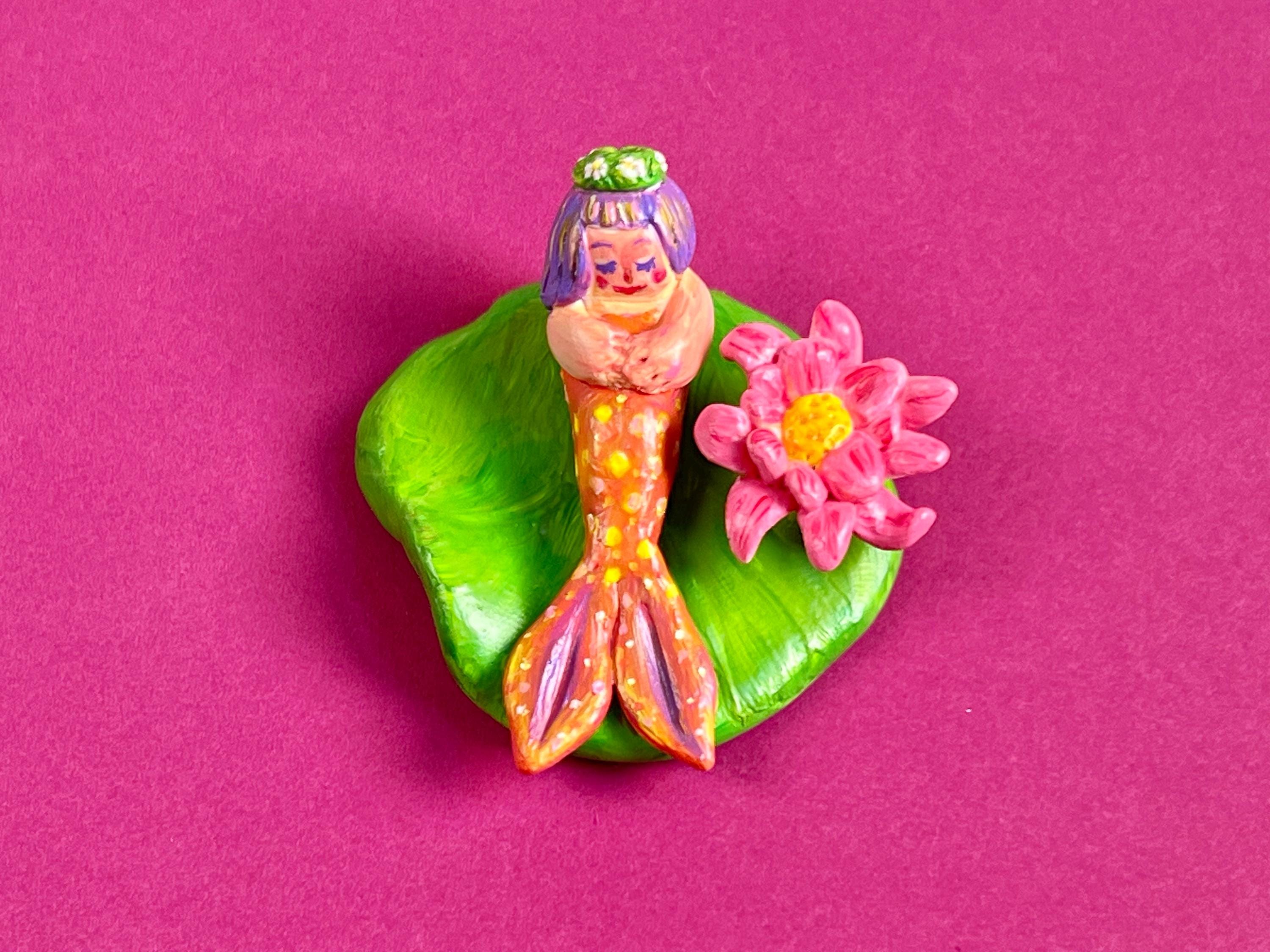 Lily Pad Mermaid Figurine | Decorative Polymer Clay Ring Holder | Collectable Mini Desk Friend