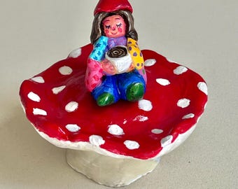 Gnome and Fly Agaric Mushroom Figurine Set | Handmade Polymer Clay | Whimsical Decor & Tiny Treasure Holder