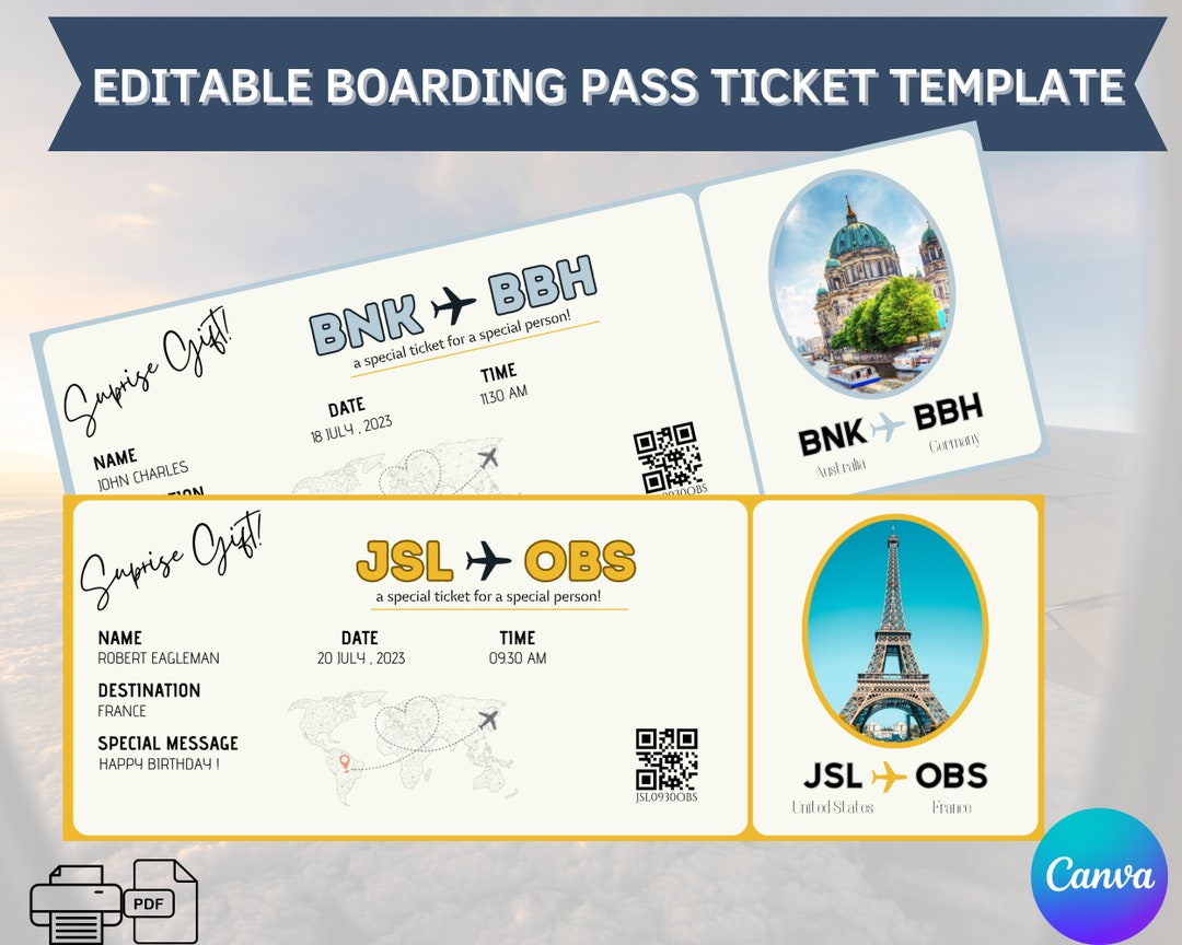 Editable Boarding Pass Template Suprise Printable Airline - Etsy