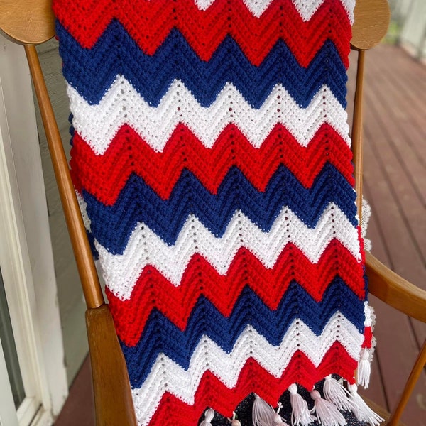 Vintage look Patriotic Afghan (red, white and blue) pattern 40” x 55” crochet pattern