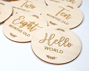 Baby Milestone Wooden Discs, Newborn Photo Props, Monthly Age Milestones 12 Month Set + Hello World, New Parent Gift Ideas