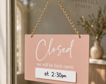Double Sided Open Closed Hanging Door Sign with Changeable Time
