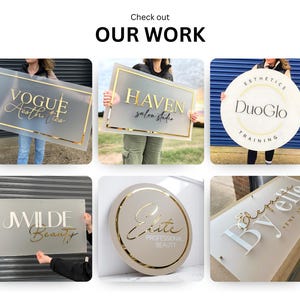 May include: A collage of nine images showcasing various business signs with gold lettering on a frosted acrylic background. The signs feature names like "Vogue Aesthetics", "Haven Salon Studio", "DuoGlo Training", "J. Wilde Beauty", "Elite Professional Beauty", and "By Elle Since 2017".