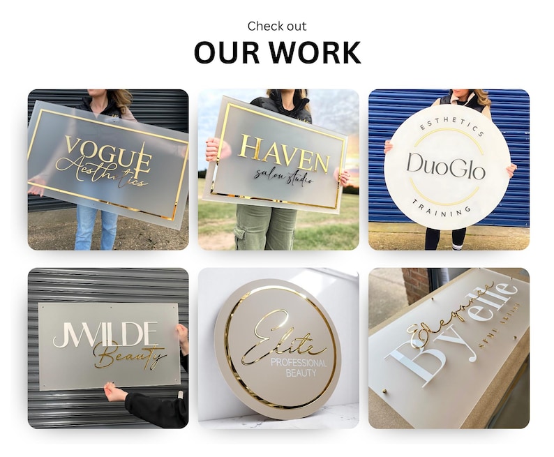 May include: A collage of nine images showcasing various business signs with gold lettering on a frosted acrylic background. The signs feature names like "Vogue Aesthetics", "Haven Salon Studio", "DuoGlo Training", "J. Wilde Beauty", "Elite Professional Beauty", and "By Elle Since 2017".