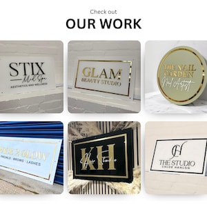 May include: Six business signs with gold lettering on white and black backgrounds. The signs advertise a variety of businesses, including a nail salon, a beauty studio, a hair studio, and a wellness center.