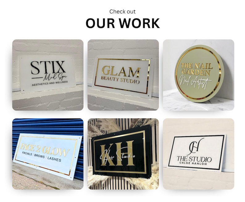 May include: Six business signs with gold lettering on white and black backgrounds. The signs advertise a variety of businesses, including a nail salon, a beauty studio, a hair studio, and a wellness center.