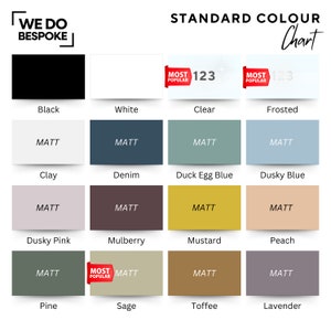 May include: Color chart with 12 paint colors, including black, white, clear, frosted, clay, denim, duck egg blue, dusky blue, dusky pink, mulberry, mustard, and peach. The chart also includes the text "STANDARD COLOUR Chart" and "WE DO BESPOKE".