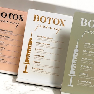 May include: Three white cards with gold text and a syringe graphic illustrate the timeline of Botox injections. The cards list the expected effects of Botox injections from the first few hours to 3-4 months after treatment. The text on the cards reads: "Botox Journey", "First Few Hours", "First 24 Hours", "3-5 Days", "10-14 Days", "2 Weeks", "3-4 Months".