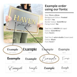 May include: A frosted glass sign with a gold mirror border, featuring the text "HAVEN salon studio" in two lines. The top line is in all caps with a gold mirror font, and the bottom line is in lowercase with a black font. The sign is 70 cm by 42 cm.