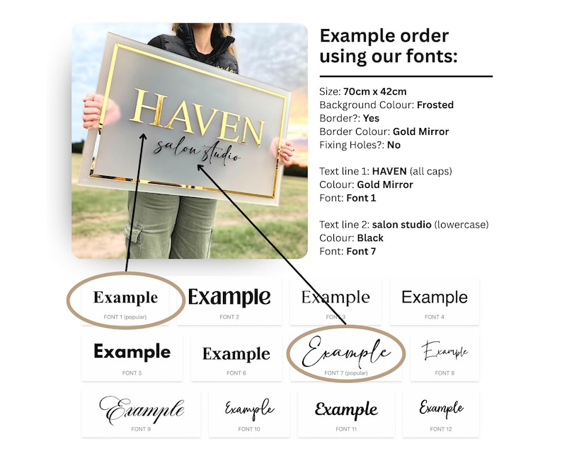 May include: A frosted glass sign with a gold mirror border, featuring the text "HAVEN salon studio" in two lines. The top line is in all caps with a gold mirror font, and the bottom line is in lowercase with a black font. The sign is 70 cm by 42 cm.