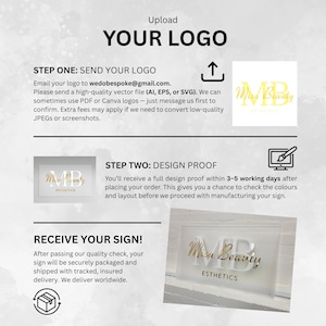 May include: A white sign with gold lettering that reads "Miss Beauty Esthetics". The sign is on a white background. The image also includes instructions for sending a logo for a custom sign.