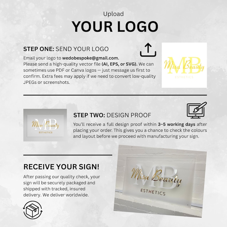 May include: A white sign with gold lettering that reads "Miss Beauty Esthetics". The sign is on a white background. The image also includes instructions for sending a logo for a custom sign.