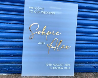 Frosted Acrylic Wedding Welcome Sign, Luxury Wedding Signage, Personalised Art Easel Sign, Bespoke Couples Wedding Décor, A0 A1, A2 Sizes.