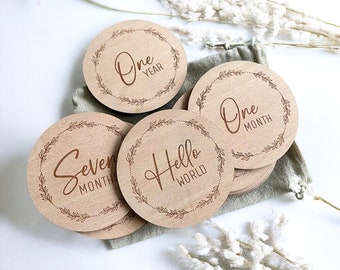 Baby Milestone Wooden Discs, Newborn Photo Props, Monthly Age Milestones 12 Month Set + Hello World, New Parent Gift Ideas