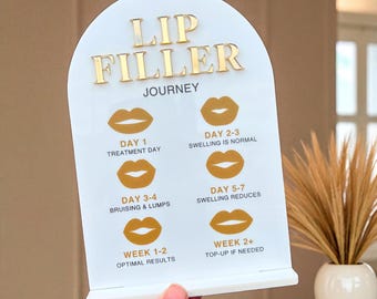 May include: A white acrylic sign with gold lettering that reads "LIP FILLER JOURNEY." The sign has a curved top and displays a timeline with illustrations of lips and text describing the stages of lip filler treatment.