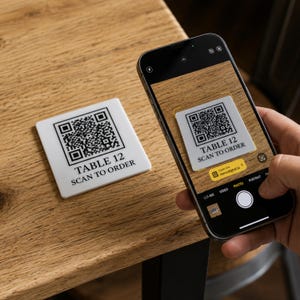 May include: A white square QR code table marker with the text "TABLE 12 SCAN TO ORDER" is displayed next to a smartphone screen displaying the same QR code. The phone is angled to capture the marker.