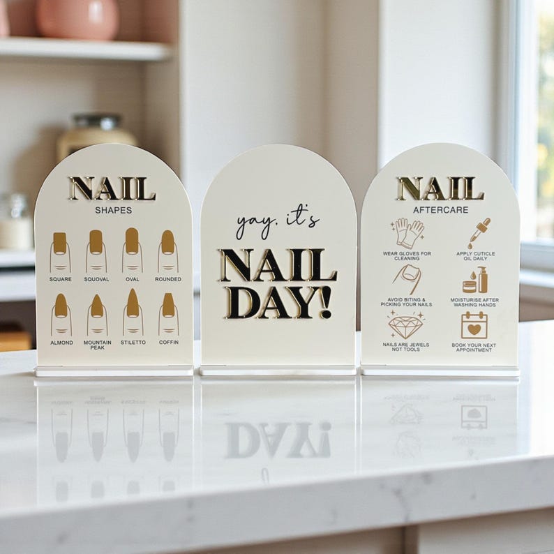 Nail Table Sign Nail Technician Acrylic Desk Signs | Nail Shapes and Aftercare Advice ...