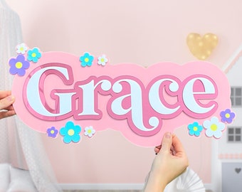 Children's Acrylic Name Sign With Flower Details, Multilayer Bedroom Wall Sign, Nursery Wall Art, Playroom, Girls Bedroom Decor