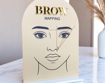 May include: A beige and white plastic stand with a gold "BROW MAPPING" sign. The stand features a black and white illustration of a woman's face with lines showing eyebrow shaping techniques.