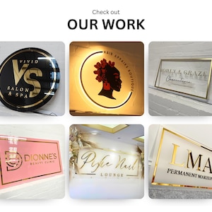 May include: Six different business signs with gold trim. The signs are all on a white background. The signs are for a salon, a hair boutique, a charcuterie shop, a beauty clinic, a nail lounge, and a permanent makeup studio.