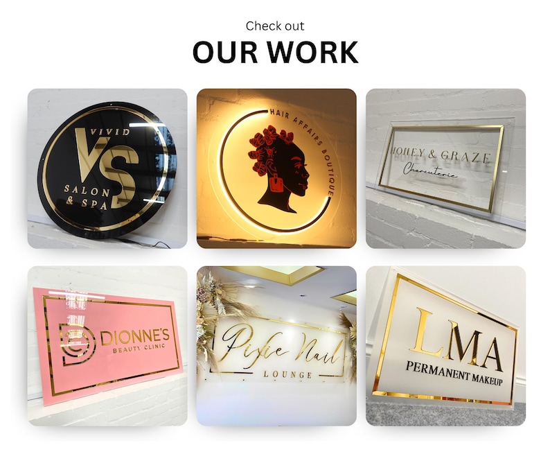 May include: Six different business signs with gold trim. The signs are all on a white background. The signs are for a salon, a hair boutique, a charcuterie shop, a beauty clinic, a nail lounge, and a permanent makeup studio.