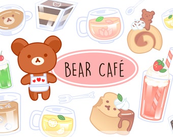 May include: A cartoon illustration of a bear character and cafe-themed food and drinks. The image includes coffee, tea, cake, and a strawberry drink. The text "BEAR CAFÉ" is displayed in a pink oval. The style is cute and colourful.