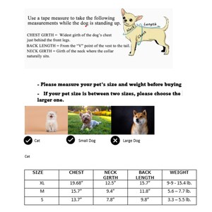Op de afbeelding: Diagram met uitleg over het meten van een hond voor kleding, inclusief borstomvang, ruglengte en nekomvang. Een maattabel is opgenomen met afmetingen in inches en gewicht in ponden voor de maten XL, M en S.