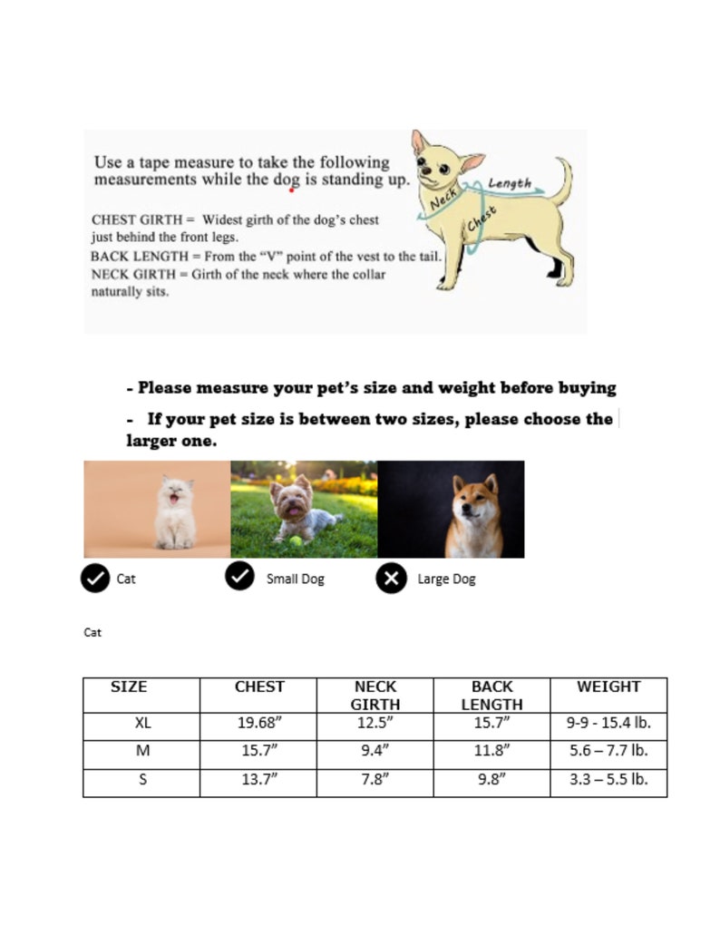 Op de afbeelding: Diagram met uitleg over het meten van een hond voor kleding, inclusief borstomvang, ruglengte en nekomvang. Een maattabel is opgenomen met afmetingen in inches en gewicht in ponden voor de maten XL, M en S.
