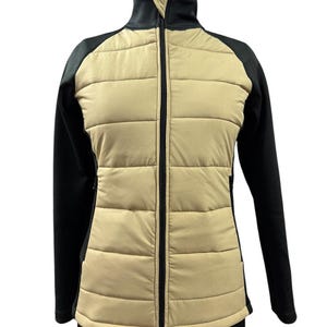 May include: A black and beige quilted jacket with a zipper closure. The jacket has a stand-up collar and long sleeves.