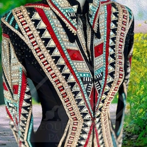 Chaqueta de exhibición ecuestre negra con pedrería / Abrigo de competición de equitación western con brillos