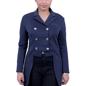 May include: A navy blue long-sleeved jacket with a double-breasted closure and a tailcoat style back. The jacket has silver buttons and a collar.