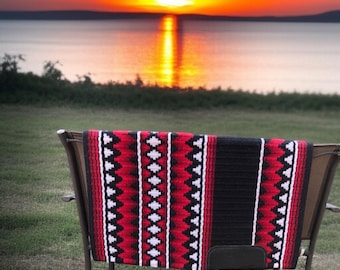Western Saddle Pad: Black, Red, and White Geometric Wool Blend