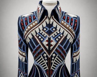 Handverzierte Western-Showjacke mit Strasssteinen, geometrischer Showmanship-Reitmantel